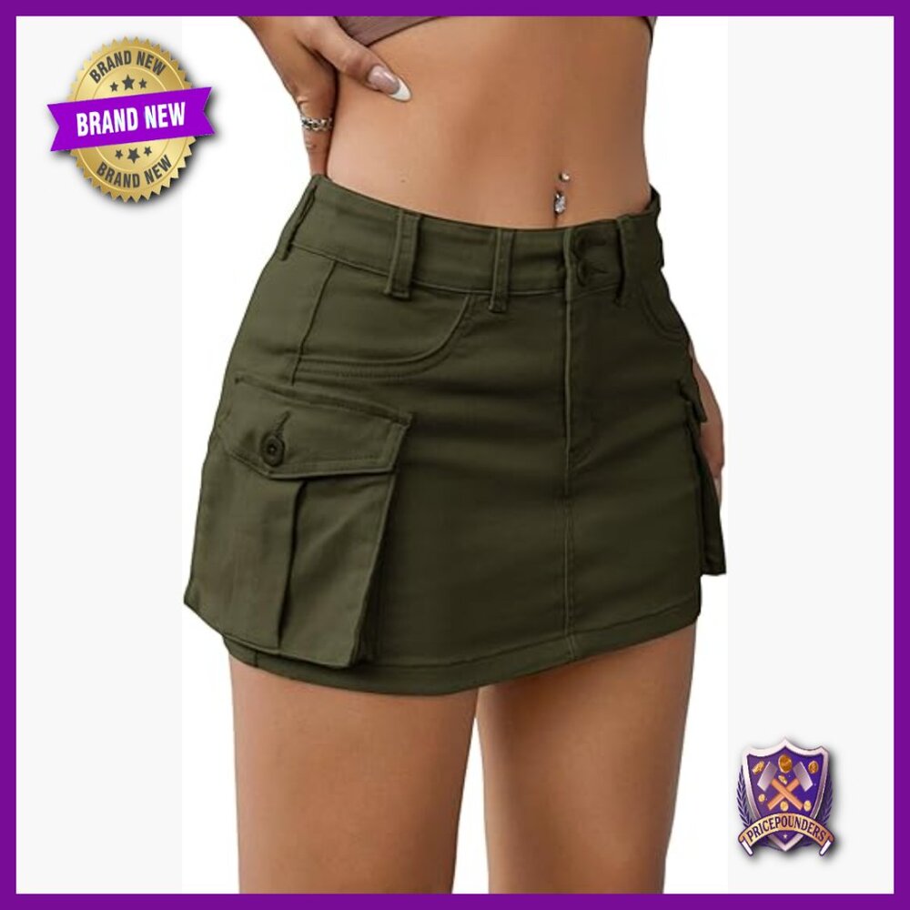 Low Rise Mini Cargo Skirt Y2K Denim Bodycon with Flap Pockets